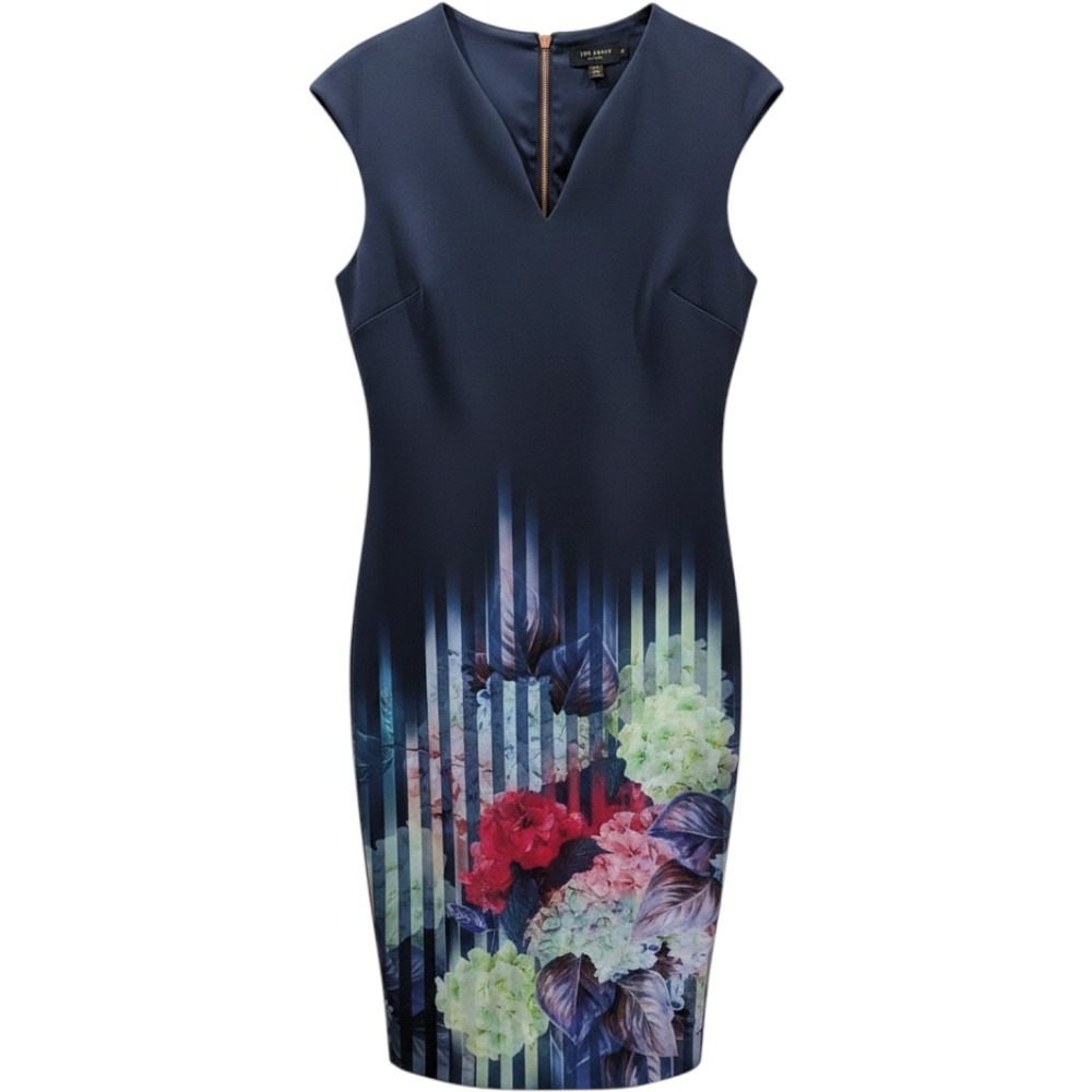 Ted‎ Baker Rimena Navy Blue Hydrangea Stripe Sheath Dress Guest Gold Zip Sz 4/10
